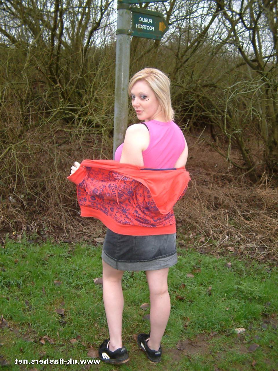 16P Cute amateur blonde Shayna toys with her pussy outdoors at the l