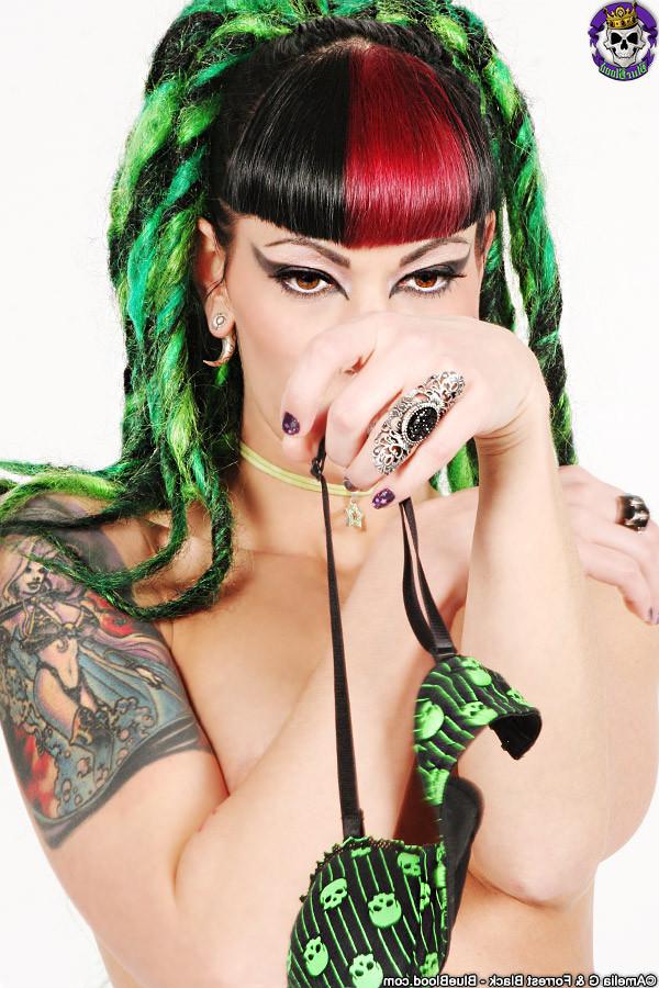 15P Gothic Tattooed Babe in Green Skull Bikini