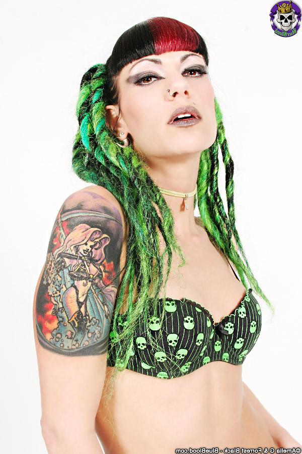 15P Gothic Tattooed Babe in Green Skull Bikini