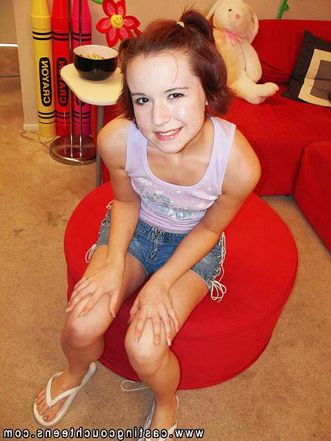 16P Redhead teen rides her shaved snatch of a hard cock for a change at stardom