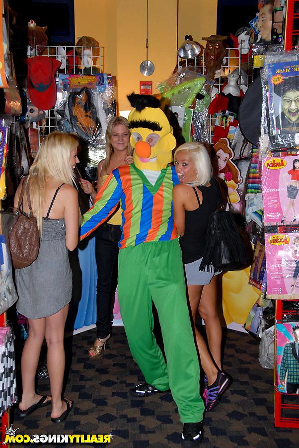 12P Super hot little titty teens share a hard cock in the back of the holloween shop