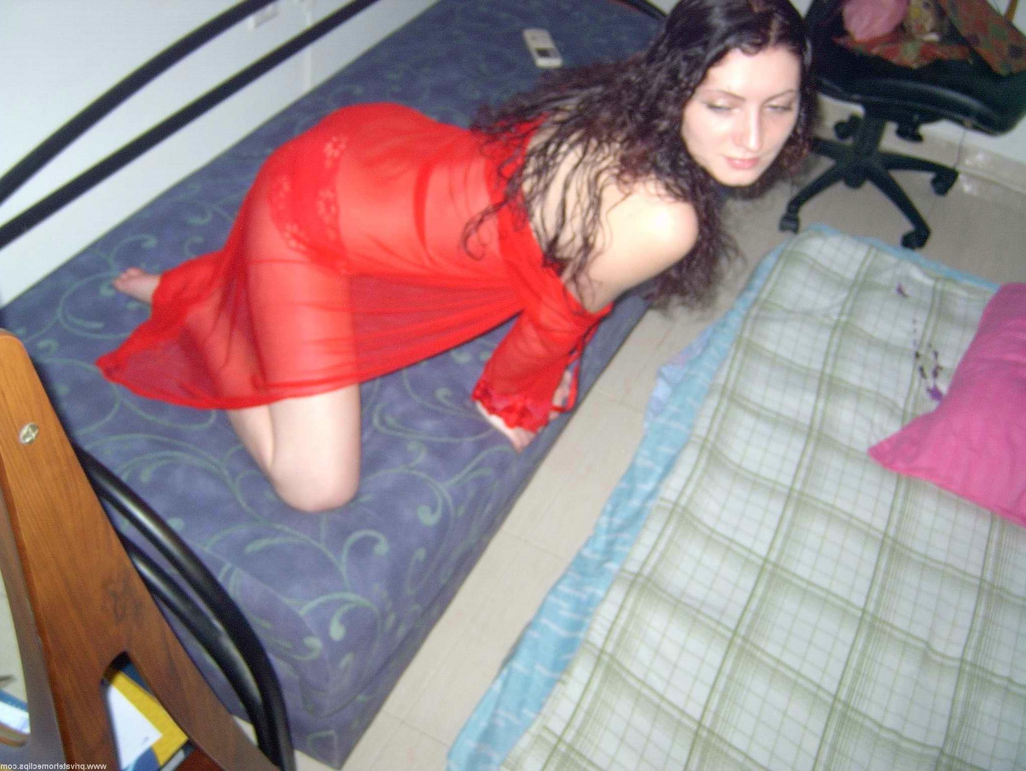 16P Provoking teen in red slips poses for amateur clip