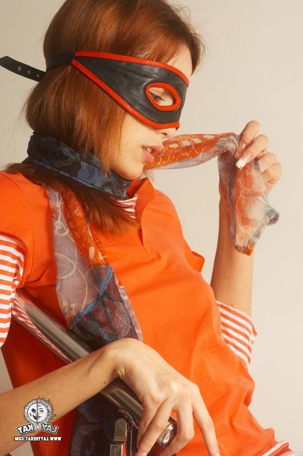 15P Young masked redhead teen stripping