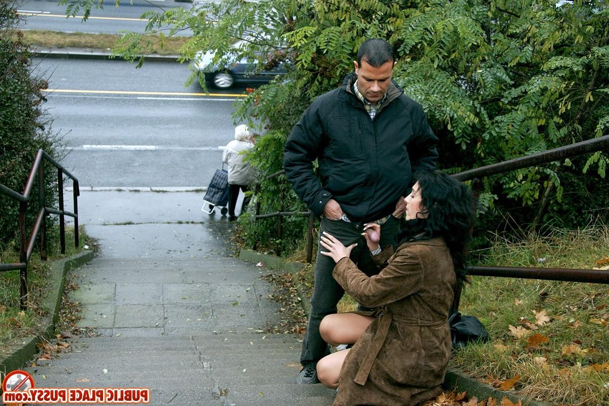 14P Sexy willing brunette sucking his dick in public