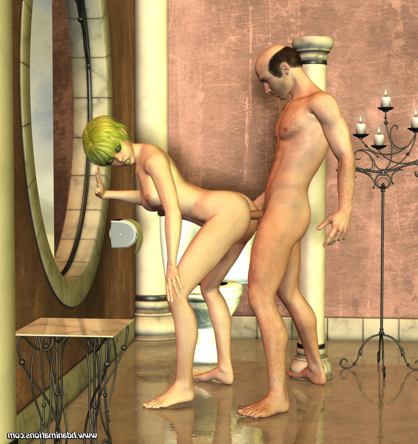 12P Green hair 3d toon girl gets facial cumshot from old man