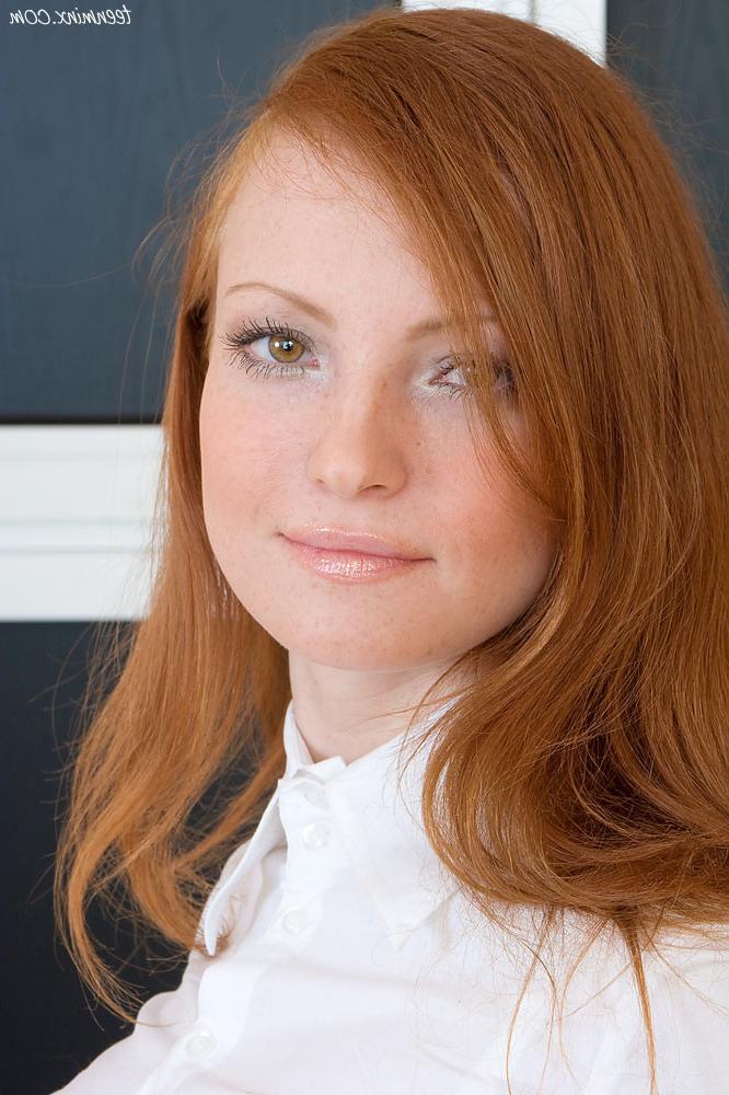 18P Cute redhead in a short skirt gets both her pink holes banged