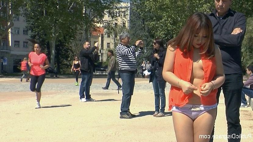 19P Mitsuki Sweet asian nude public cuffed in Madrid on a leash by m