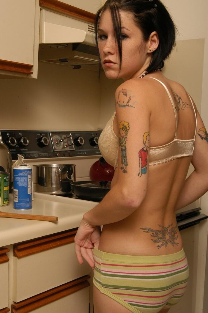 16P tiny teen fingers herself on the kitchen counter