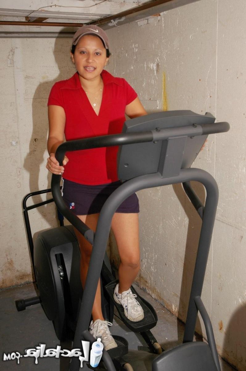 15P Lactating latina gets distracted while working out