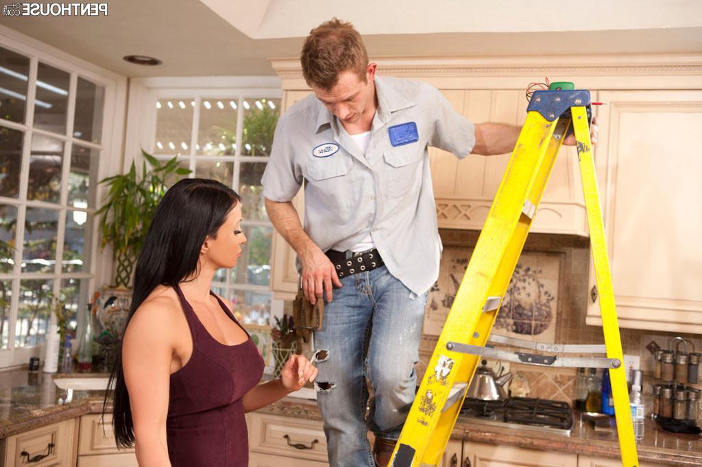 15P Jewels Jade horny housewife seduces the handyman in the kitchen