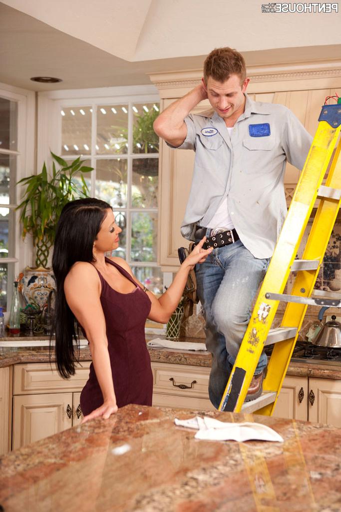 15P Jewels Jade horny housewife seduces the handyman in the kitchen