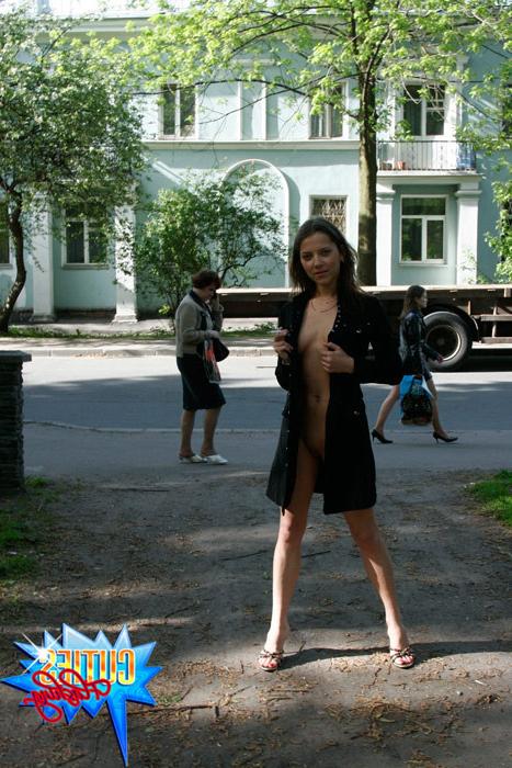 16P Brunette cutie poses in public with her shirt open