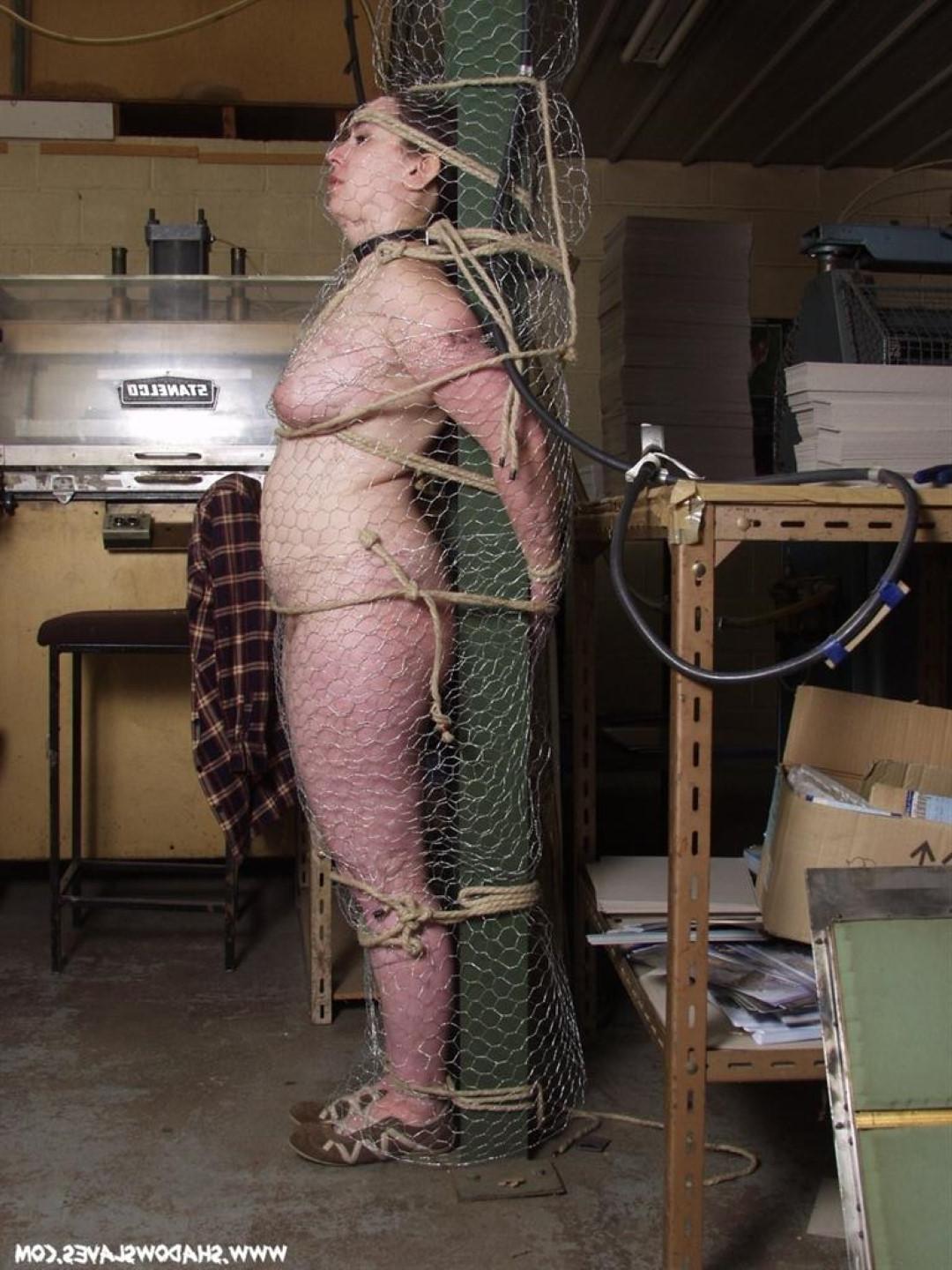 16P BBW subbie Nimue is tied up with chicken wire