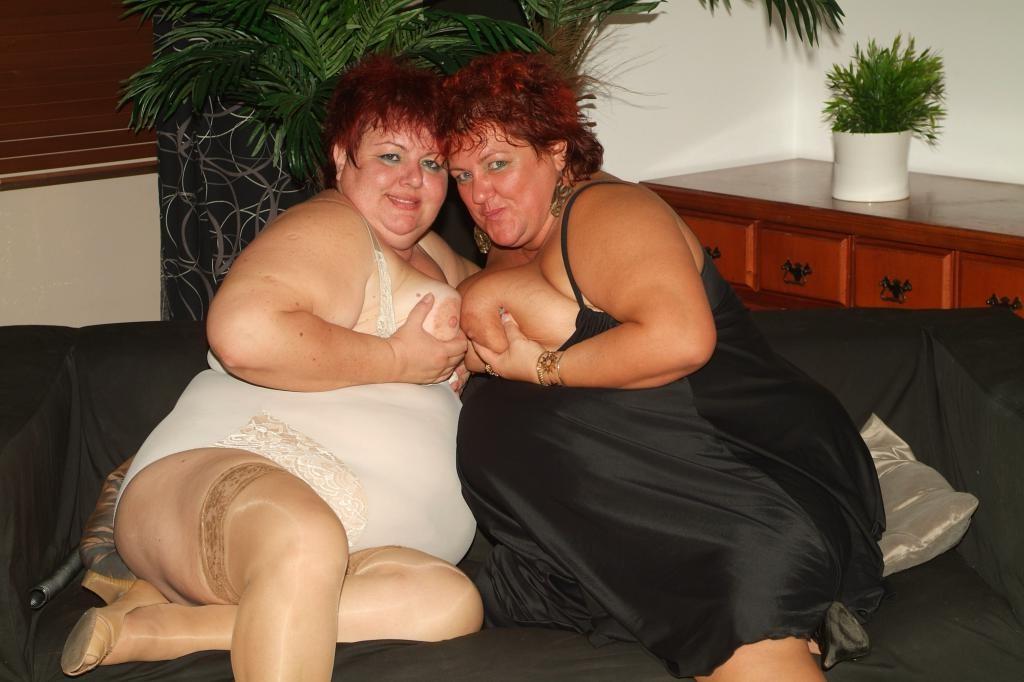 12P Sexy older fatties Marsha and Agnes showing off their big flabby knockers to tea