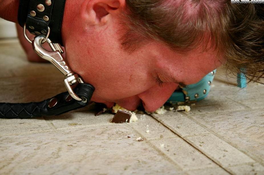16P Beautiful housewife feeding a leashed guy with food smashed on the floor