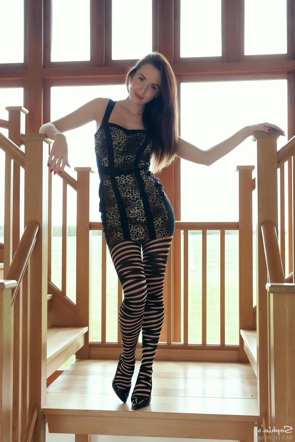 12P Leggy Sophia in her striped patterned pantyhose