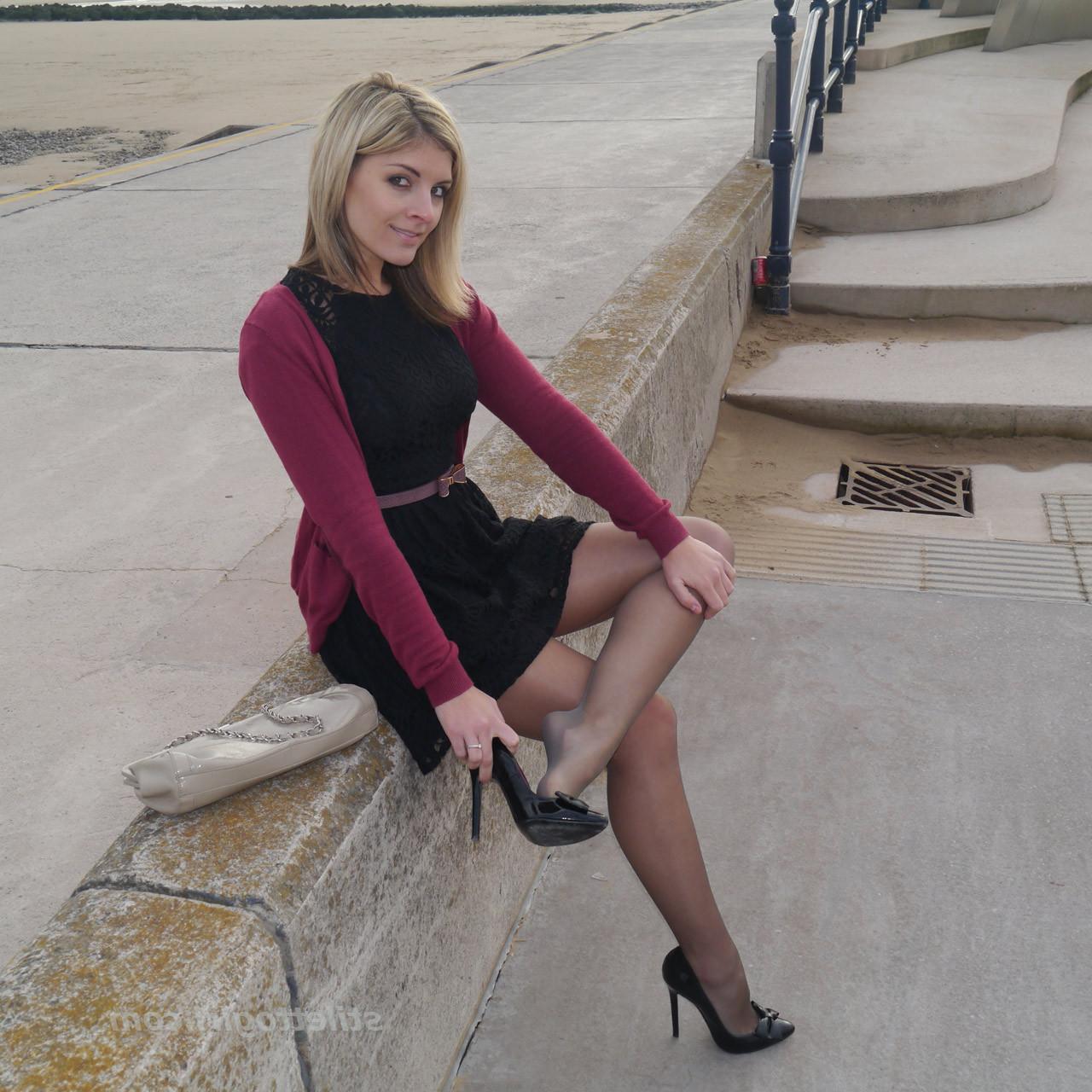 16P Gorgeous leggy blonde Naomi teases outdoors in a cute black summer dress sexy ny