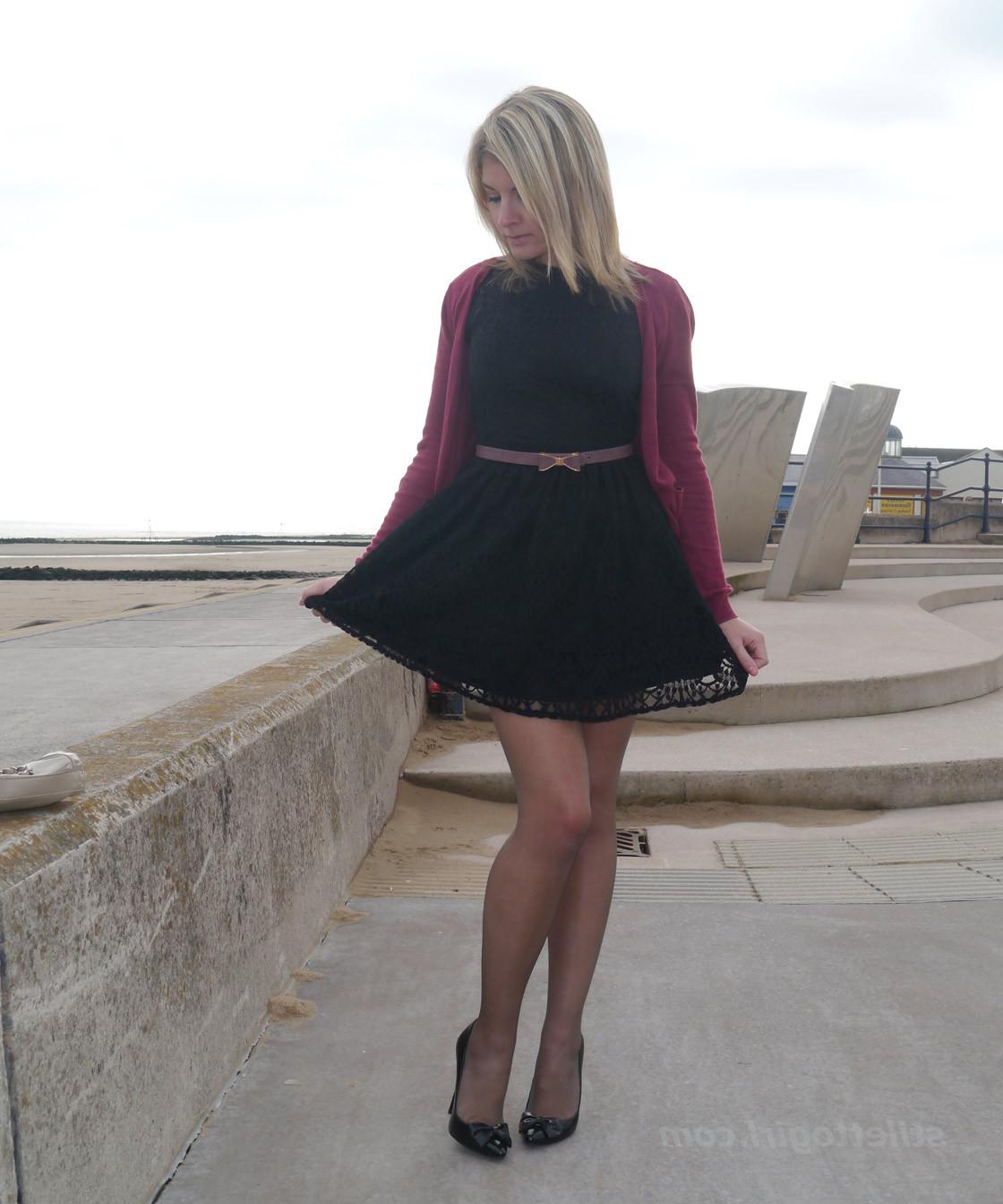 16P Gorgeous leggy blonde Naomi teases outdoors in a cute black summer dress sexy ny
