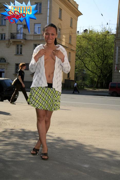 16P Petite tart flashes her massive melons in public