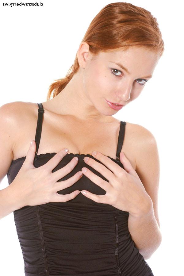 16P Sexy redhead with beautiful boobs strips and spreads pink slit
