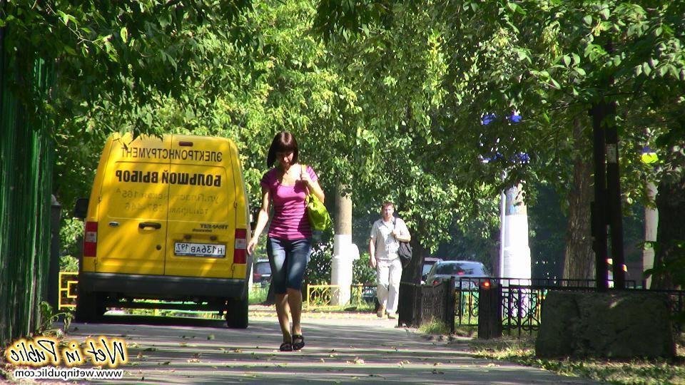 16P Hot chick has to change on the street after wetting her jeans breeches