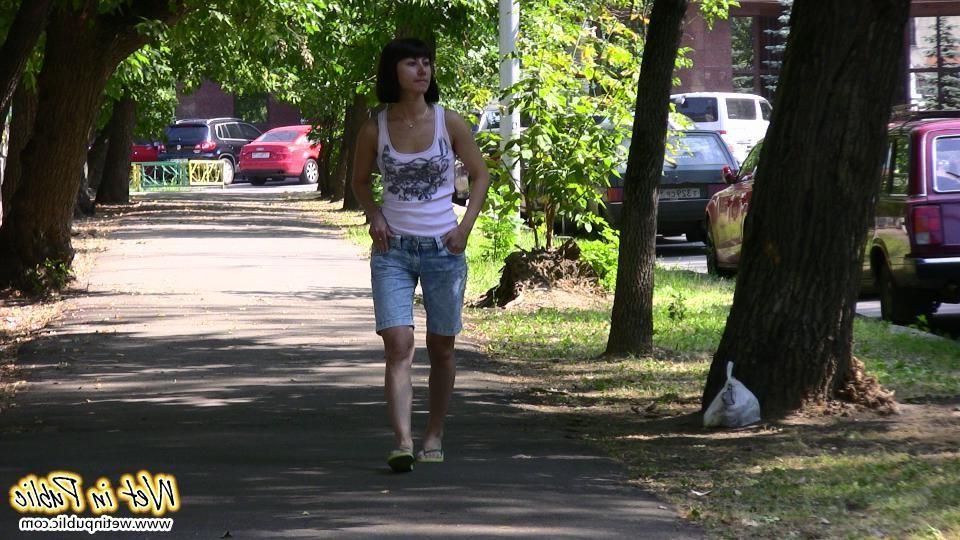 15P Moistened jean shorts and wet sexy legs of a slender unlucky cutey