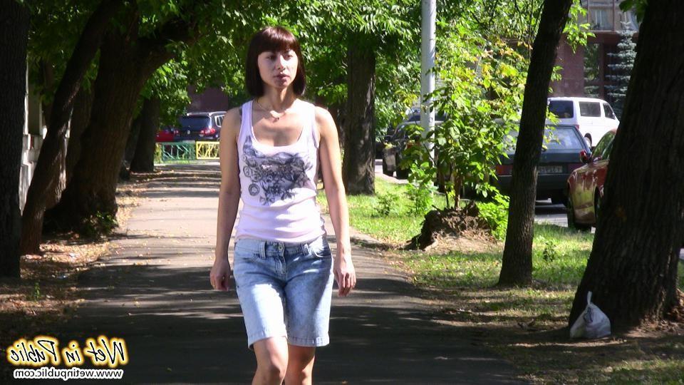 15P Moistened jean shorts and wet sexy legs of a slender unlucky cutey