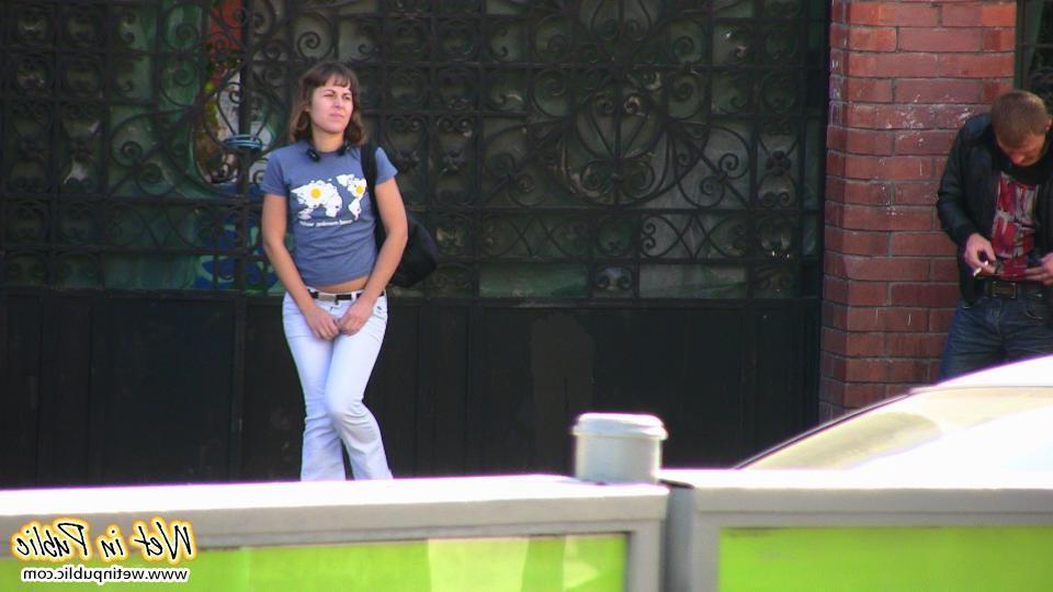12P Light blue street jeans have been totally pissed by a nasty chickie