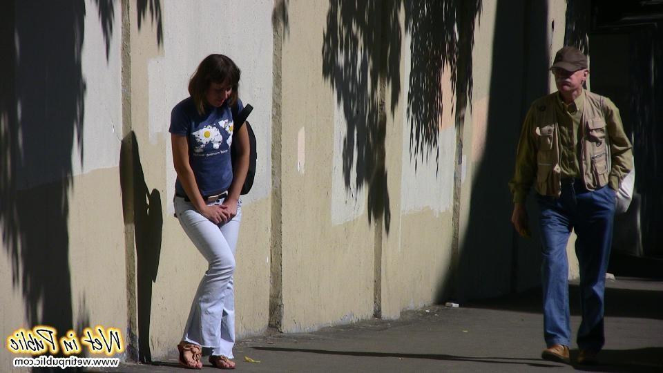 12P Light blue street jeans have been totally pissed by a nasty chickie