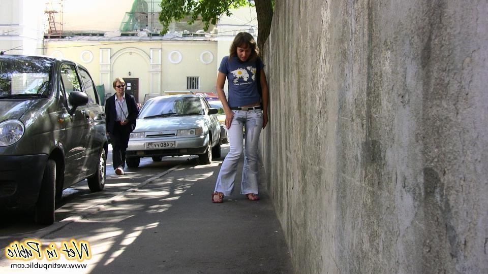12P Light blue street jeans have been totally pissed by a nasty chickie