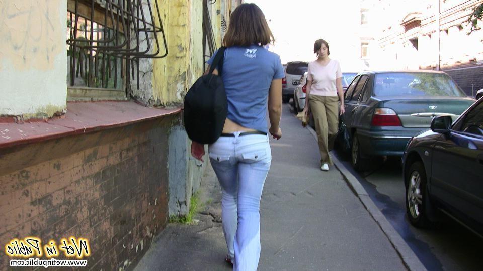 12P Light blue street jeans have been totally pissed by a nasty chickie