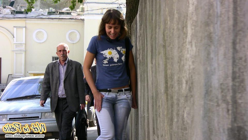 12P Light blue street jeans have been totally pissed by a nasty chickie