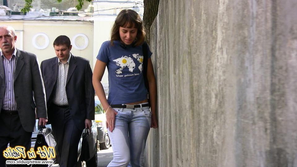 12P Light blue street jeans have been totally pissed by a nasty chickie