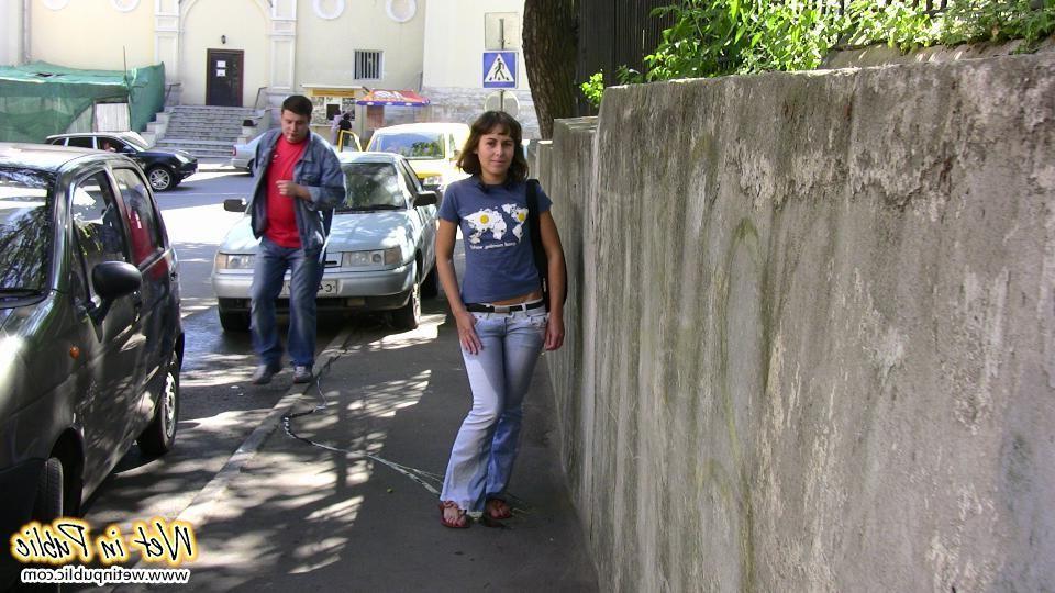 12P Light blue street jeans have been totally pissed by a nasty chickie