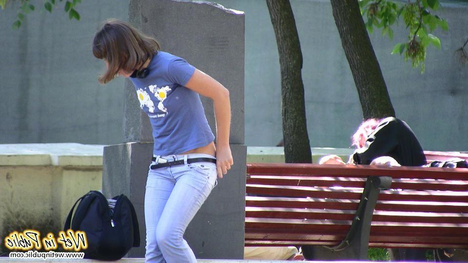 12P Light blue street jeans have been totally pissed by a nasty chickie