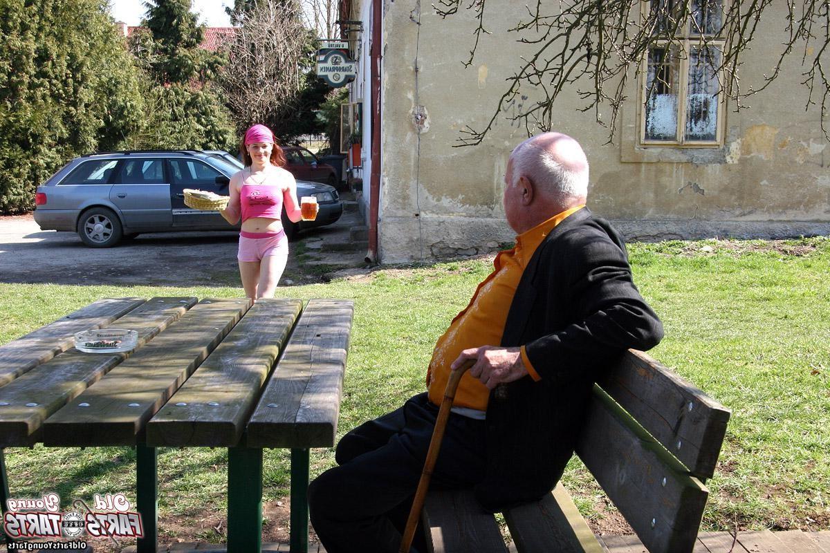 12P Eighty year old grandpa seduces a cute teenage waitress