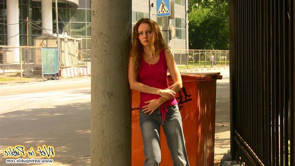 14P Slim slut in tight jeans pisses herself while having no toilet found