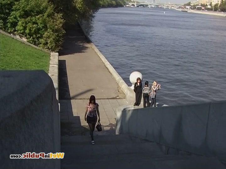 15P Foxy pissed her black fishnet pantyhose and striped mini in the street