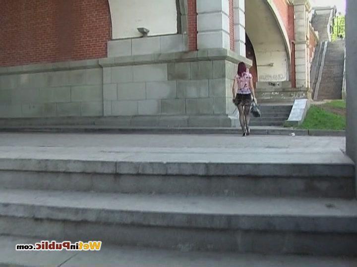 15P Foxy pissed her black fishnet pantyhose and striped mini in the street