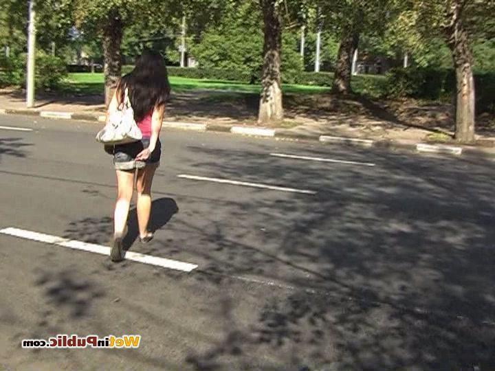 15P Brunette pee-wets her jean skirt and gets rid of her panties in public