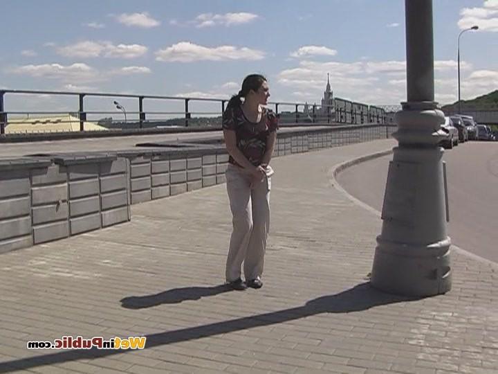 15P Confused chick in wet pants in searches of a place to hide her shame
