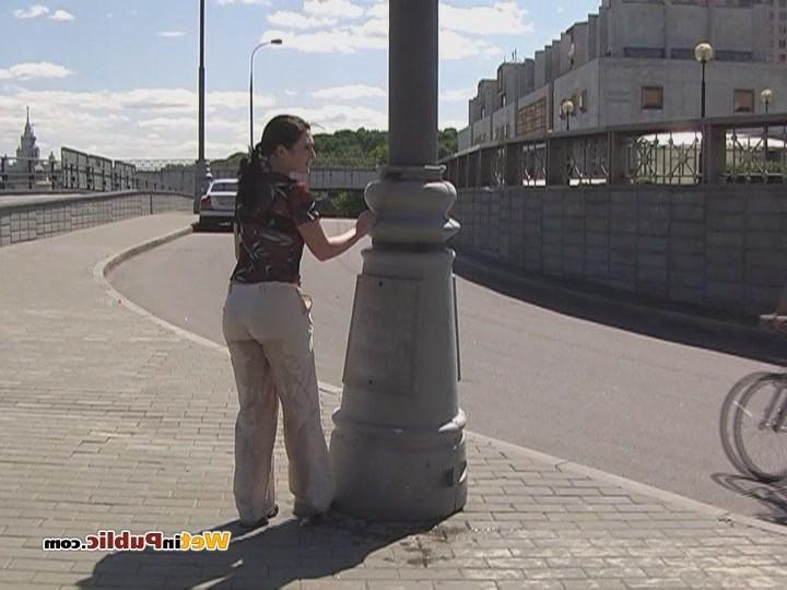 15P Confused chick in wet pants in searches of a place to hide her shame