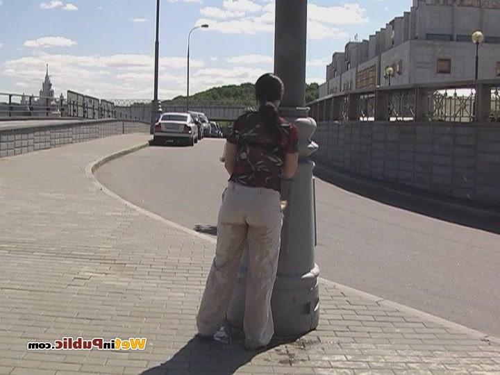15P Confused chick in wet pants in searches of a place to hide her shame