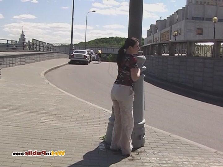 15P Confused chick in wet pants in searches of a place to hide her shame