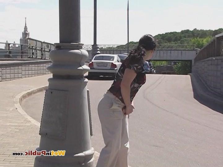 15P Confused chick in wet pants in searches of a place to hide her shame