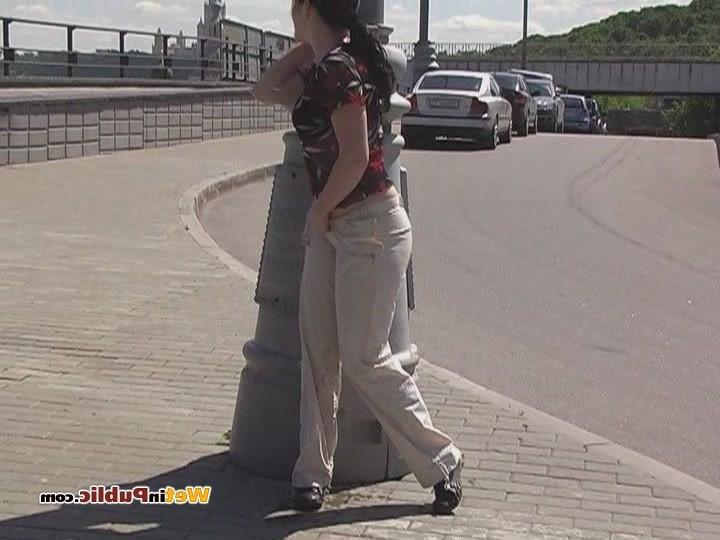 15P Confused chick in wet pants in searches of a place to hide her shame