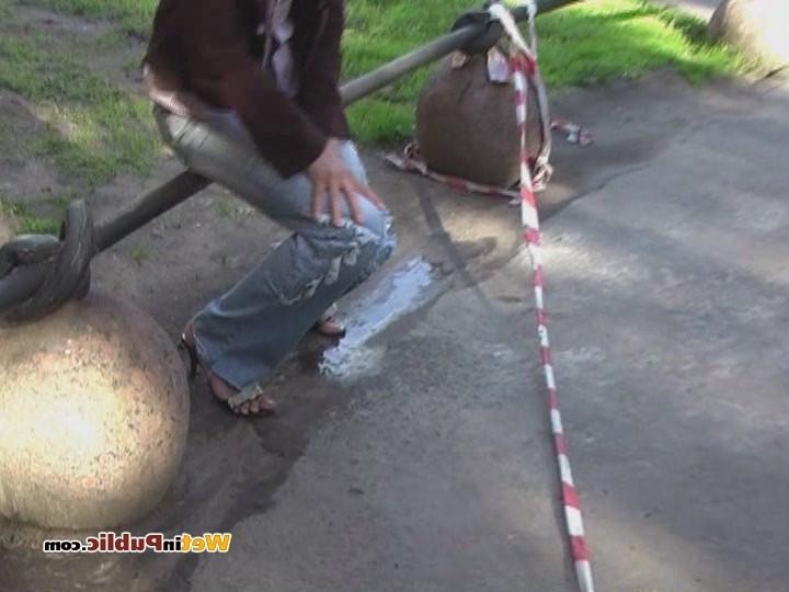 15P Girlie in jeans pissed herself in public as wanted to pee desperately