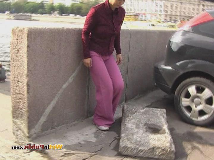 15P Embarrassed angel peeing in her amazing pants behind a car in public
