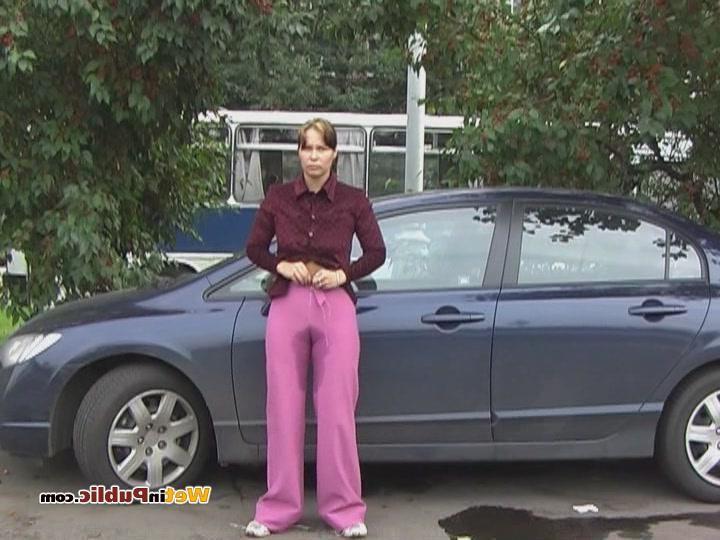 15P Embarrassed angel peeing in her amazing pants behind a car in public