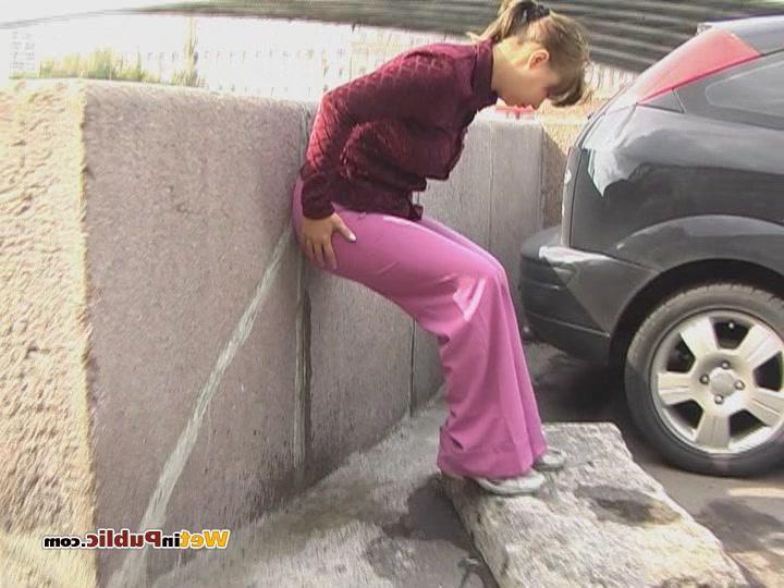 15P Embarrassed angel peeing in her amazing pants behind a car in public